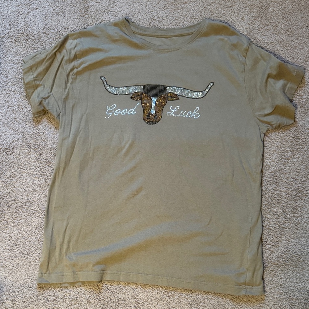 Good Luck Sequin Longhorn Graphic Tee - Olive